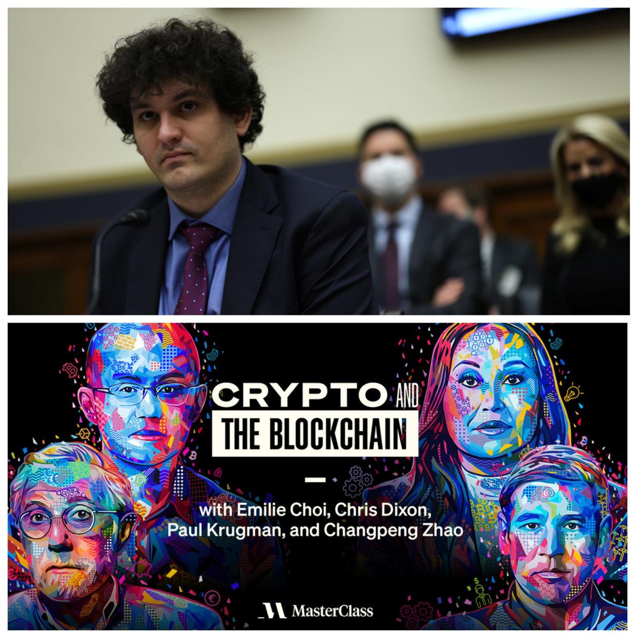 Sam Bankman-Fried speaking to Congress on top, and a MasterClass ad for its crypto lessons on the bottom.