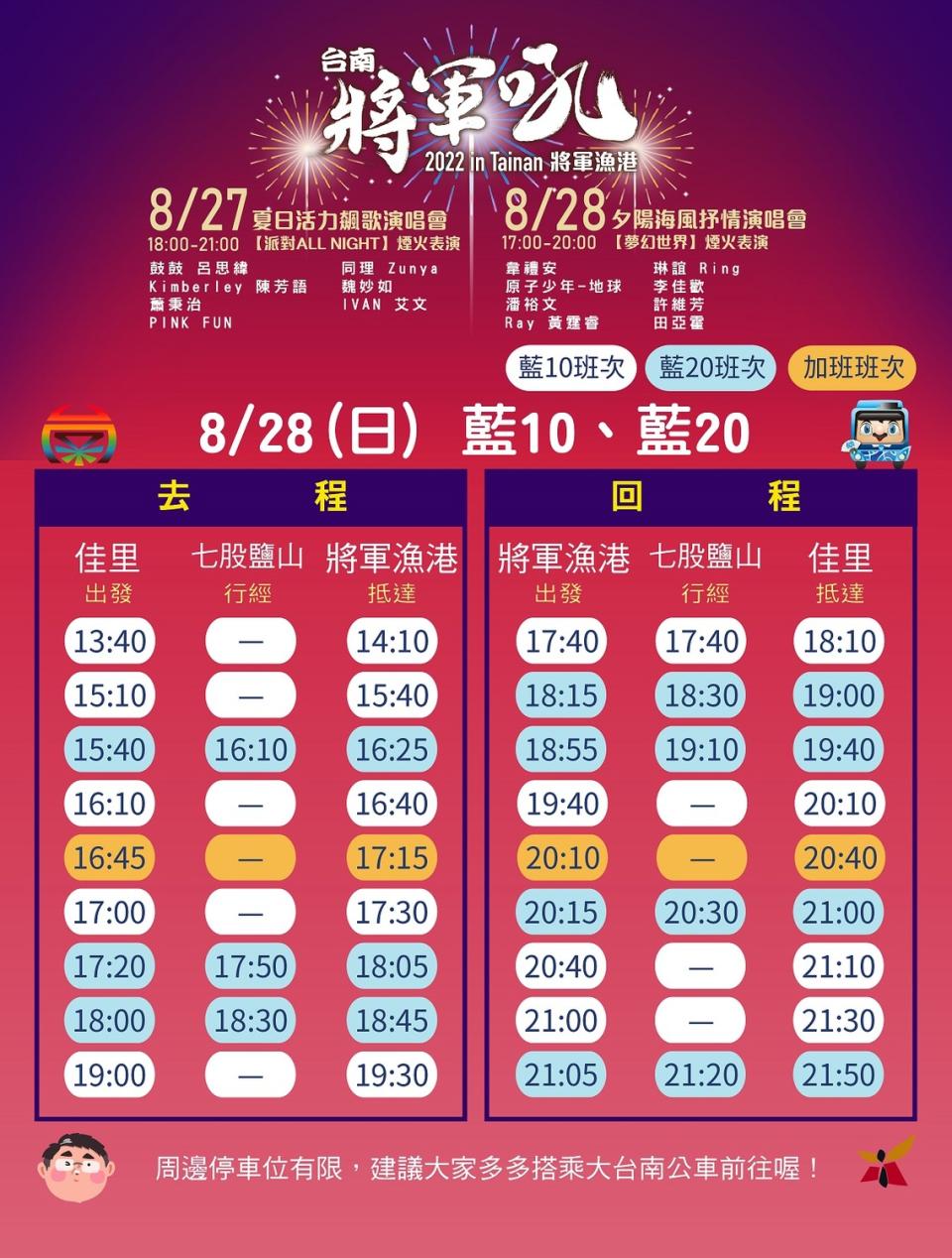 8月28日藍10藍20公車時刻表。   圖：台南市政府觀光旅遊局 / 提供