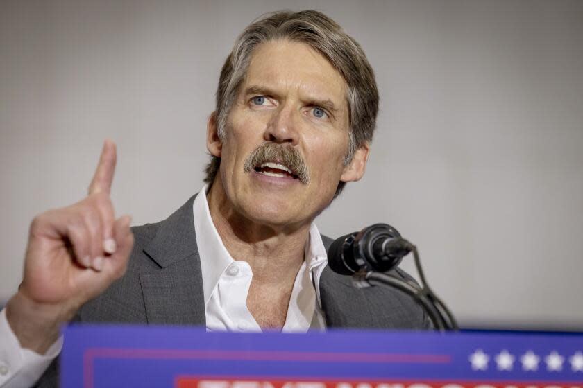 FILE - Businessman and Republican U.S. Senate candidate, Eric Hovde speaks Tuesday April 2, 2024, at a former President Donald Trump rally in Green Bay, Wis. Hvode emphasized this week that he doesn't oppose elderly people voting after initially saying that "almost nobody in a nursing home is in a point to vote." (AP Photo/Mike Roemer, File)