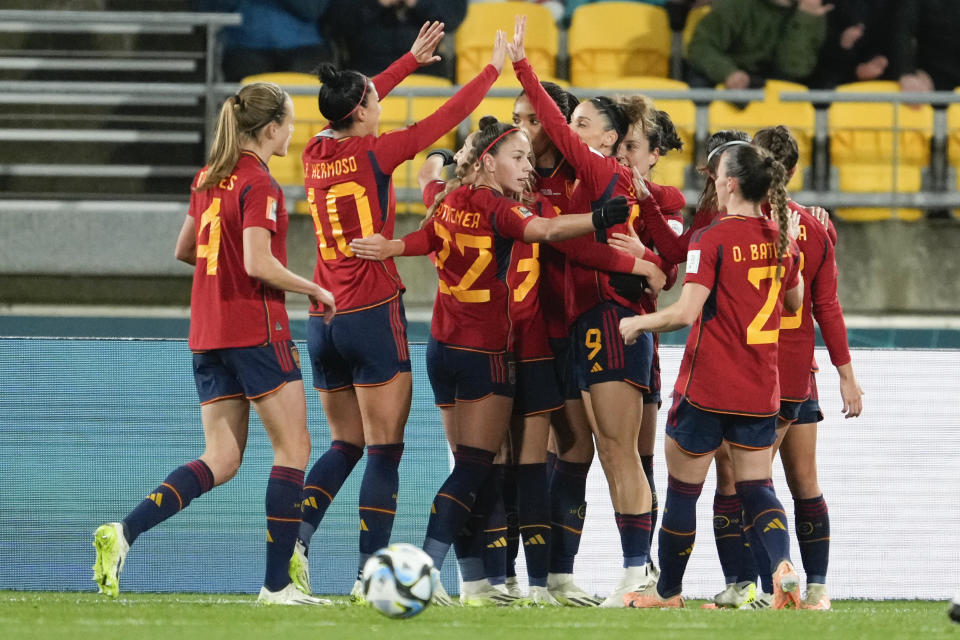 Spain celebrates after scoring their third goal during the Women's World Cup Group C soccer match between Spain and Costa Rica in Wellington, New Zealand, Friday, July 21, 2023. (AP Photo/John Cowpland )