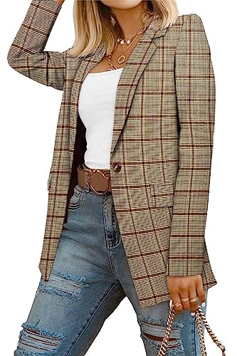 CRAZY GRID Women Work Casual Blazer Jacket Professional Business Blazer with Lined Ladies Buttons Long Sleeve Trendy Suit Jacket S Brown Plaid