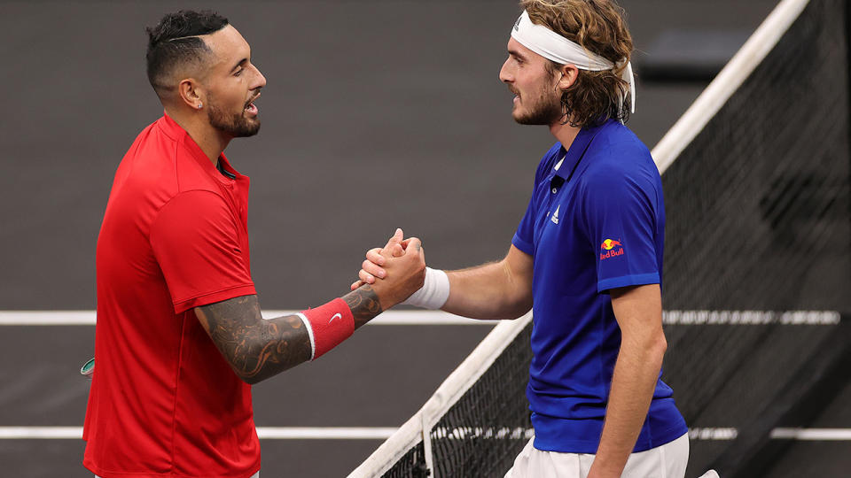 Nick Kyrgios, pictured here congratulating Stefanos Tsitsipas after their match at the Laver Cup.