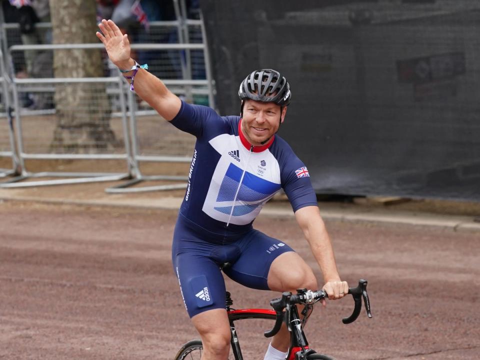 Sir Chris Hoy cycles during the Platinum Jubilee Pageant in front of Buckingham Palace, London, on day four of the Platinum Jubilee celebrations. Picture date: Sunday June 5, 2022. (PA)