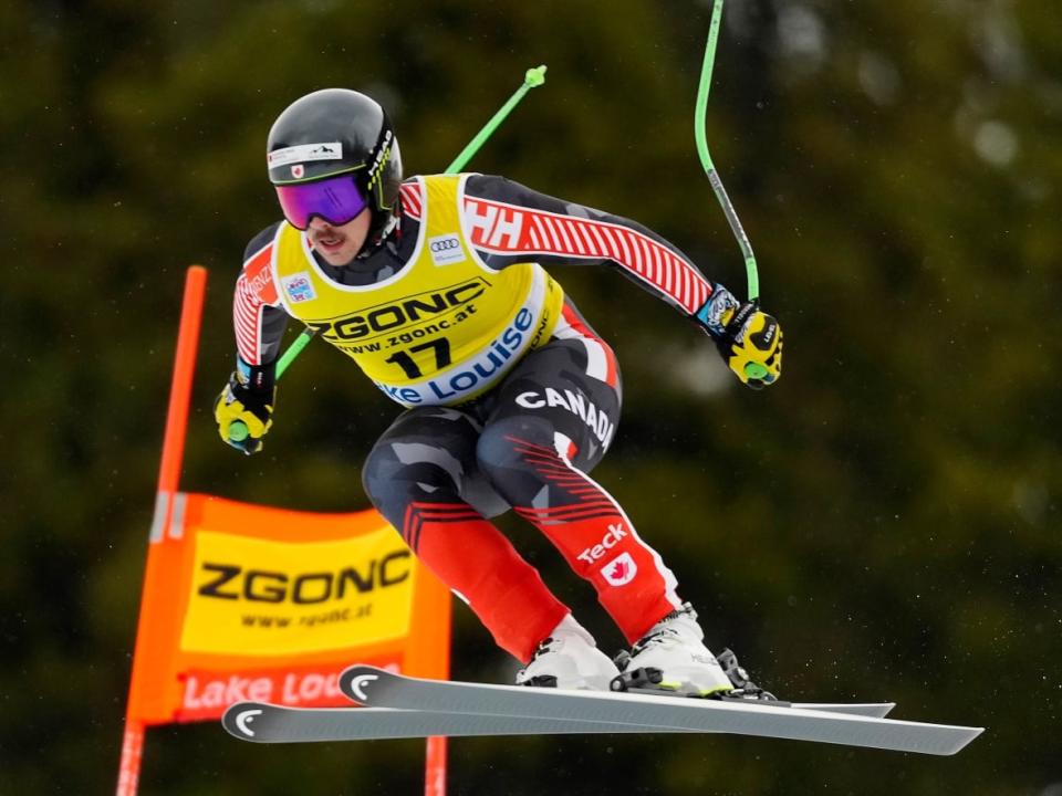 Canada’s Jack Crawford skis down the hill during a practice run on Tuesday ahead of the Lake Louise World Cup. (Frank Gunn/The Canadian Press - image credit)