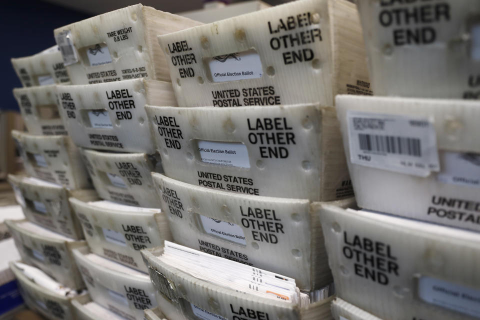 Processed mail-in ballots are seen at the Bucks County Board of Elections office prior to the primary election, Wednesday, May 27, 2020 in Doylestown, Pa. (AP Photo/Matt Slocum)