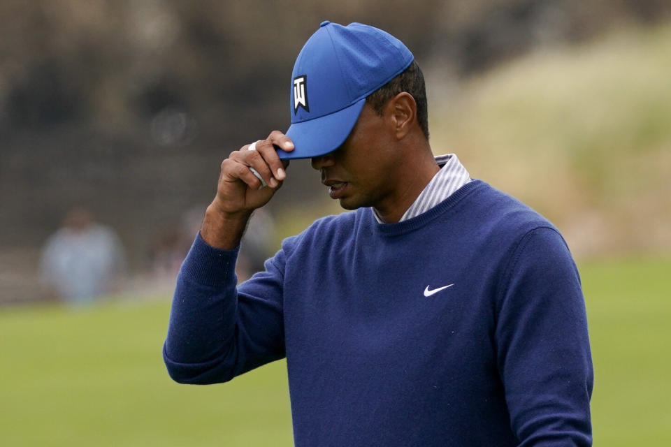 Tiger Woods reacts on the ninth hole after his second round in the U.S. Open Championship golf tournament, Friday, June 14, 2019, in Pebble Beach, Calif. (AP Photo/Carolyn Kaster)