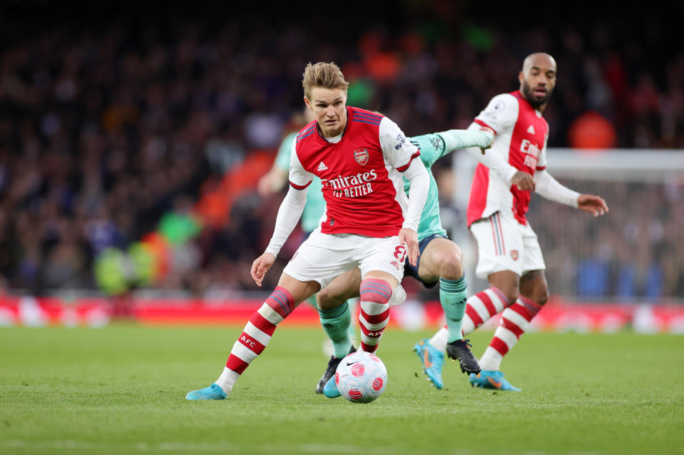 LONDON, ENGLAND - MARCH 13: Martin Ødegaard of Arsenal during the Premier League match between Arsenal and Leicester City at Emirates Stadium on March 13, 2022 in London, United Kingdom. (Photo by Plumb Images/Leicester City FC via Getty Images)