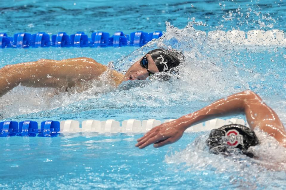 Robert Finke swims during the Men's 1500 freestyle finals Sunday, June 23, 2024, at the US Swimming Olympic Trials in Indianapolis. (AP Photo/Darron Cummings)