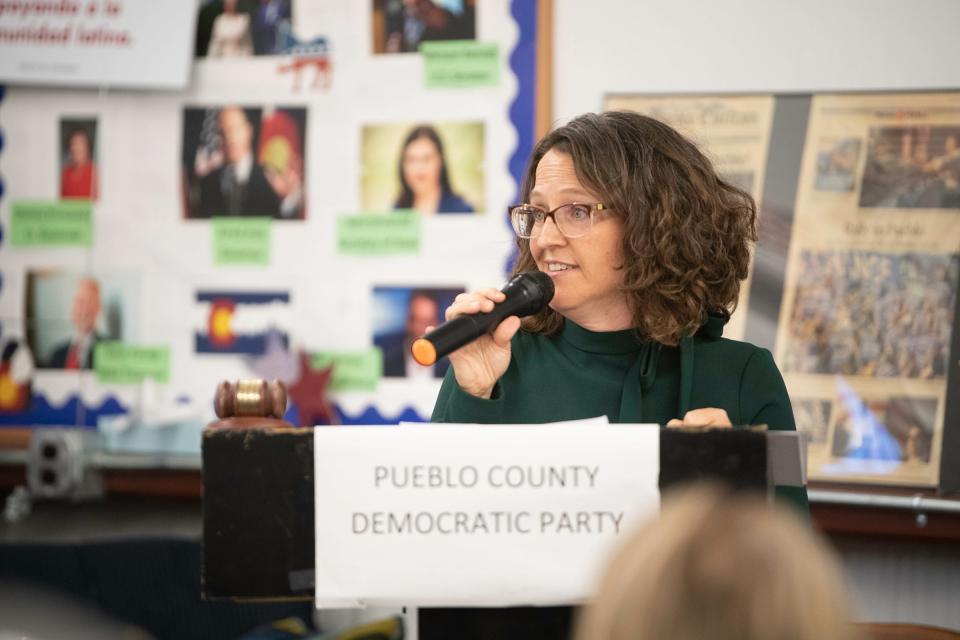 Daneya Esgar speaks after being selected to replace Garrison Ortiz on the Board of County Commissioners at the Pueblo County Democrat headquarters on Friday, May 12, 2023.