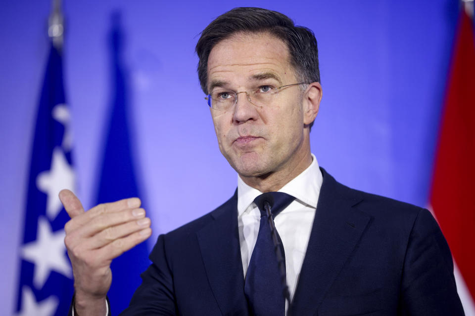 FILE - Prime Minister of the Netherlands, Mark Rutte, speaks during a joint press conference in Sarajevo, Bosnia, Tuesday, Jan. 23, 2024. Over the course of more than a dozen years at the top of Dutch politics, Mark Rutte got to know a thing or two about finding consensus among fractious coalition partners. Now he's going to bring the experience of leading four Dutch multiparty governments to the international stage as NATO's new secretary general. (AP Photo/Armin Durgut, File)