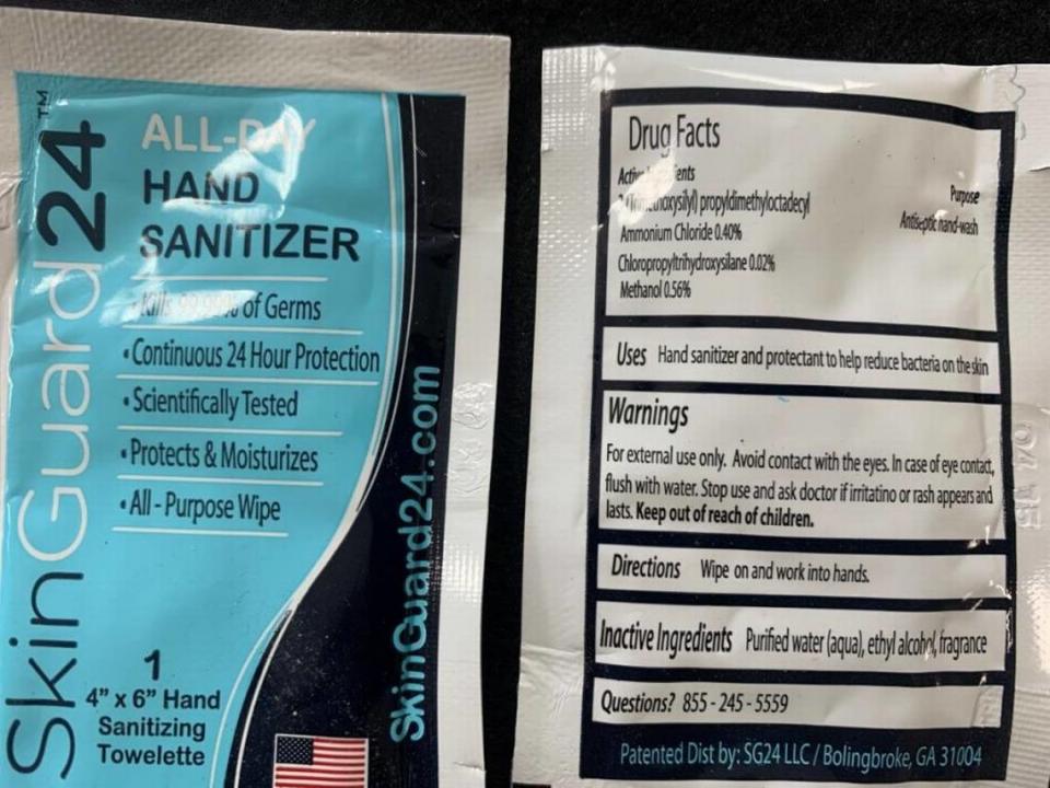 SkinGuard24 hand sanitizer in towelette form