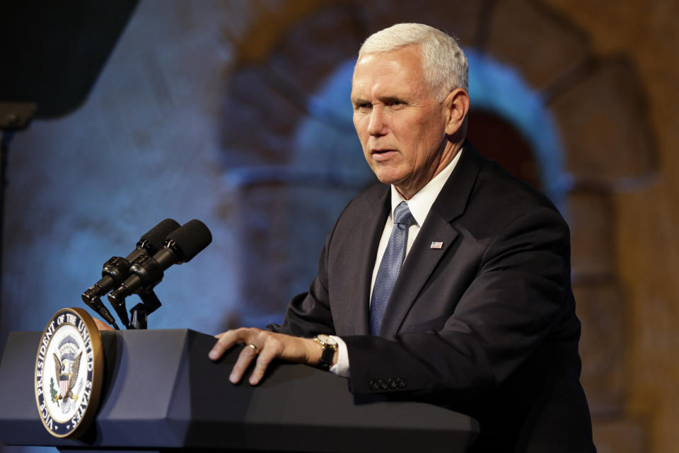 Vice President Mike Pence delivers remarks to the Strada Education Network's National Symposium Welcome Reception in Indianapolis, Wednesday, Nov. 20, 2019. (AP Photo/Michael Conroy)