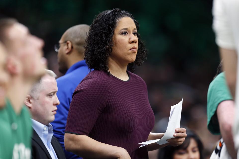 Boston Celtics assistant coach Kara Lawson during the first half on an NBA basketball game against the Toronto Raptors in Boston, Saturday, Dec. 28, 2019. (AP Photo/Michael Dwyer)