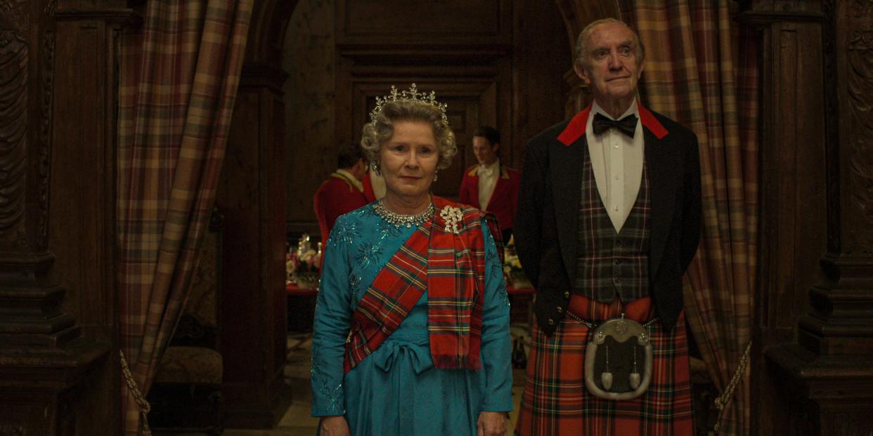 Imelda Staunton as Queen Elizabeth II (left) and Jonathan Pryce as Prince Philip, Duke of Edinburgh (right) in The Crown, Season 5.