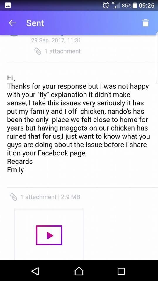 Emy isn't happy with the explanation Nando's gave her.  Source: Facebook/Emy Wamboi