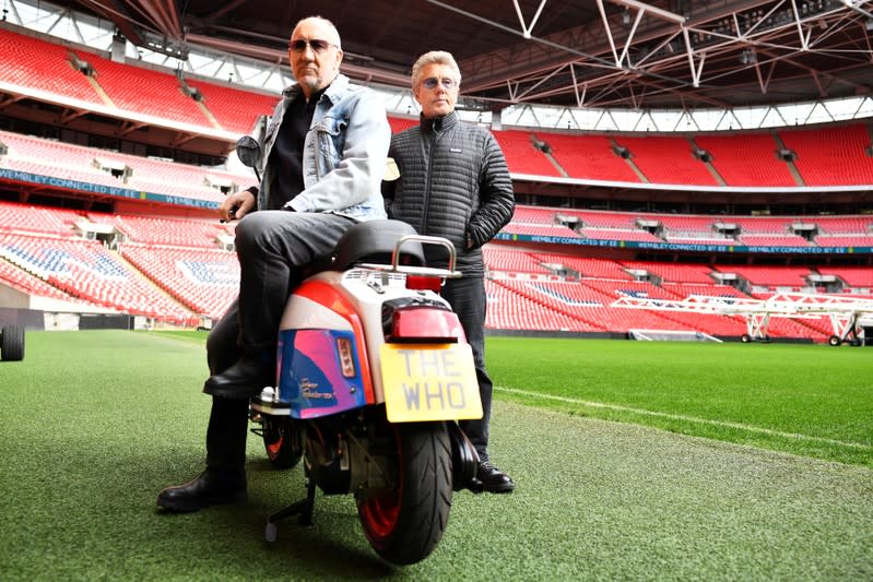 FILE PHOTO: Roger Daltrey and Pete Townshend of British band The Who pose for a picture at Wembley Stadium in London