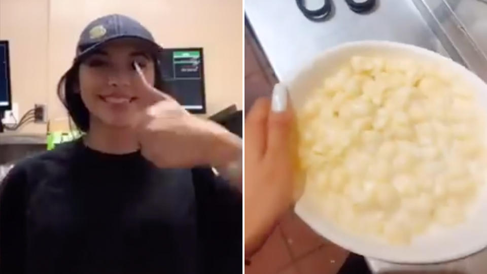 Bri Ramirez with her long nails and with a picture of the mac 'n' cheese. Source: Twitter - Uber Facts.