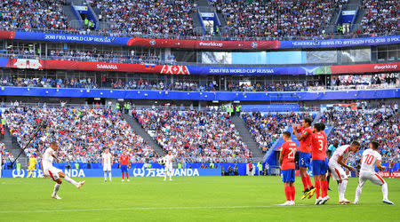 Soccer Football - World Cup - Group E - Costa Rica vs Serbia - Samara Arena, Samara, Russia - June 17, 2018 Serbia's Aleksandar Kolarov scores their first goal from a free kick REUTERS/Dylan Martinez