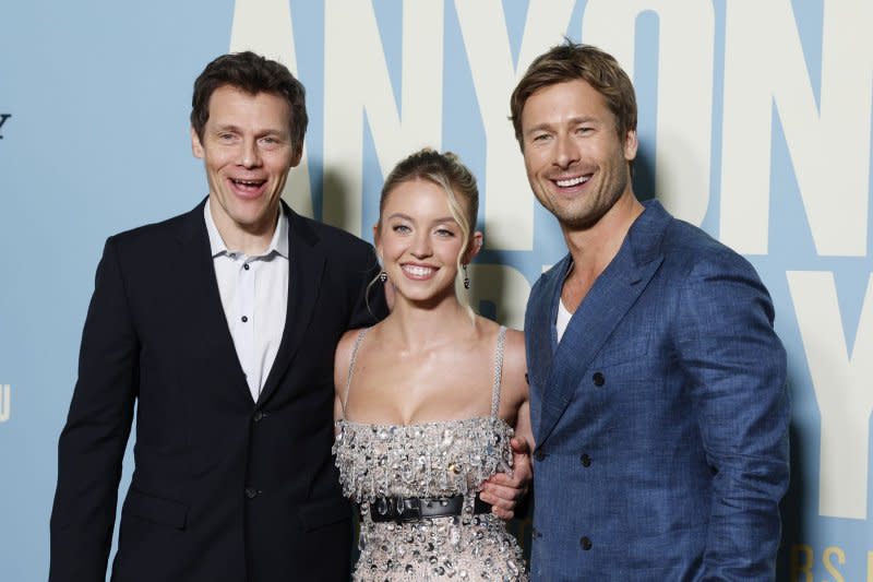 Will Gluck, Sydney Sweeney and Glen Powell, from left to right, attend the New York premiere of "Anyone But You." Photo by John Angelillo/UPI