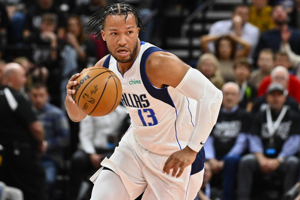 Jalen Brunson of the Dallas Mavericks in action during the first half of Game 6 of the Western Conference First Round Playoffs against the Utah Jazz at Vivint Smart Home Arena on April 28, 2022 in Salt Lake City, Utah.