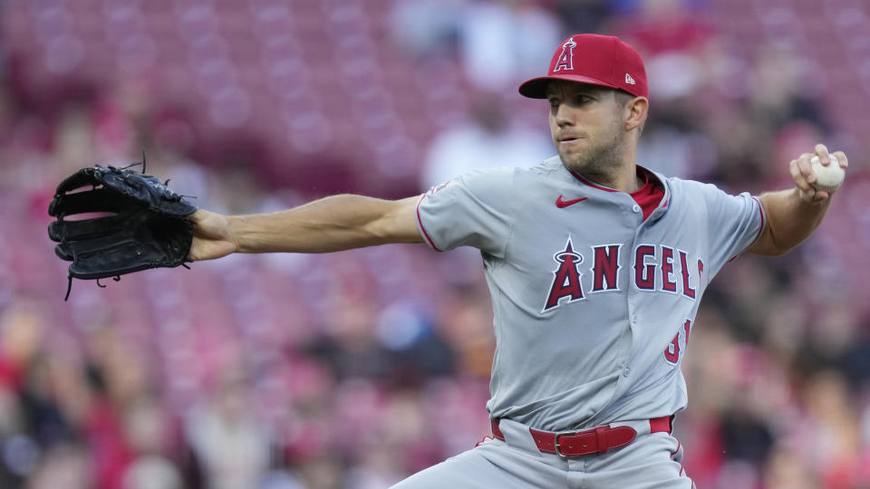 Los Angeles Angels pitcher Tyler Anderson throws in the first inning of a baseball game against the Cincinnati Reds, Friday, April 19, 2024, in Cincinnati. (AP Photo/Carolyn Kaster)