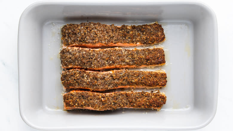 Parmesan-crusted salmon in baking dish