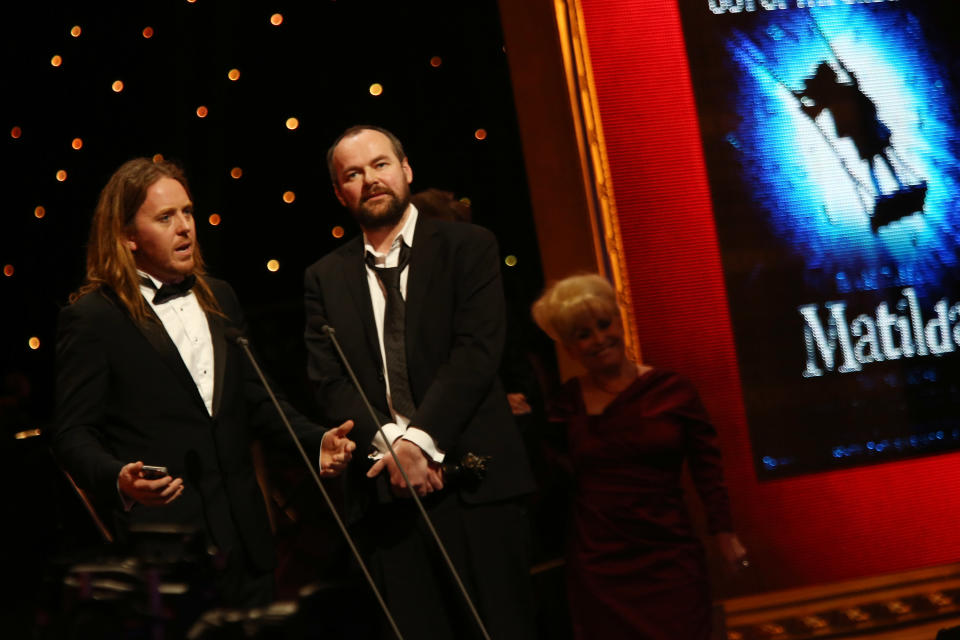 LONDON, ENGLAND - APRIL 15: (EXCLUSIVE COVERAGE) Tim Minchin and Matthew Warchus accept the award for Best Musical for "Matilda The Musical" at the 2012 Olivier Awards at The Royal Opera House on April 15, 2012 in London, England. (Photo by Tim Whitby/Getty Images)