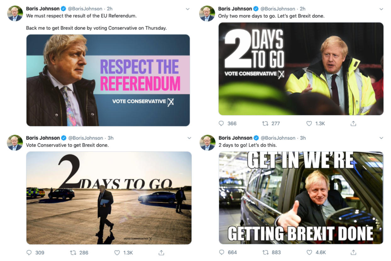 A selection of Boris Johnson's 'get Brexit done' tweets posted on December 10, 2019