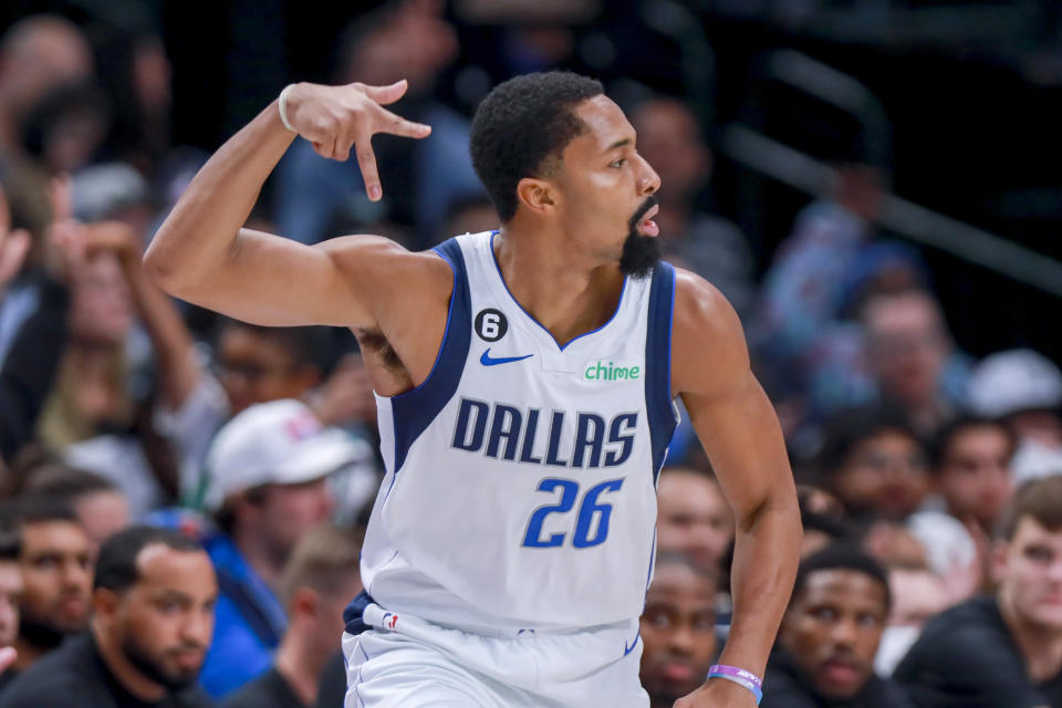 Dallas Mavericks point guard Spencer Dinwiddie celebrates after hitting a 3-point basket during the first half of the team's NBA basketball game against the Utah Jazz, Wednesday, Nov. 2, 2022, in Dallas. (AP Photo/Gareth Patterson)