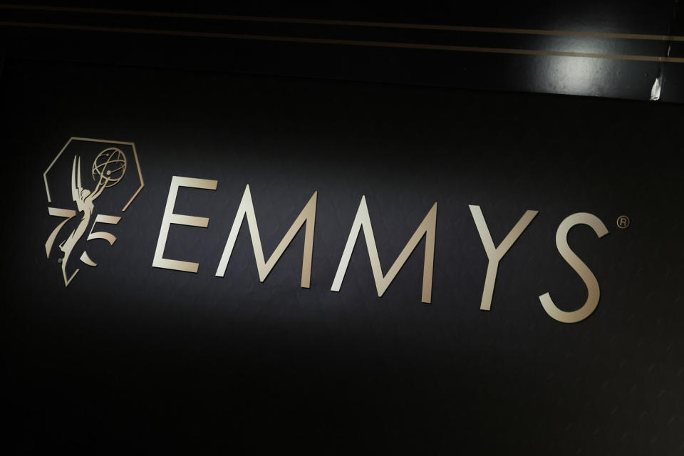 A general view of the Emmys logo at the 75th Primetime Emmys exclusive press preview at JW Marriott LA Live on January 12, 2024 in Los Angeles, California. (Rodin Eckenroth / Getty Images)