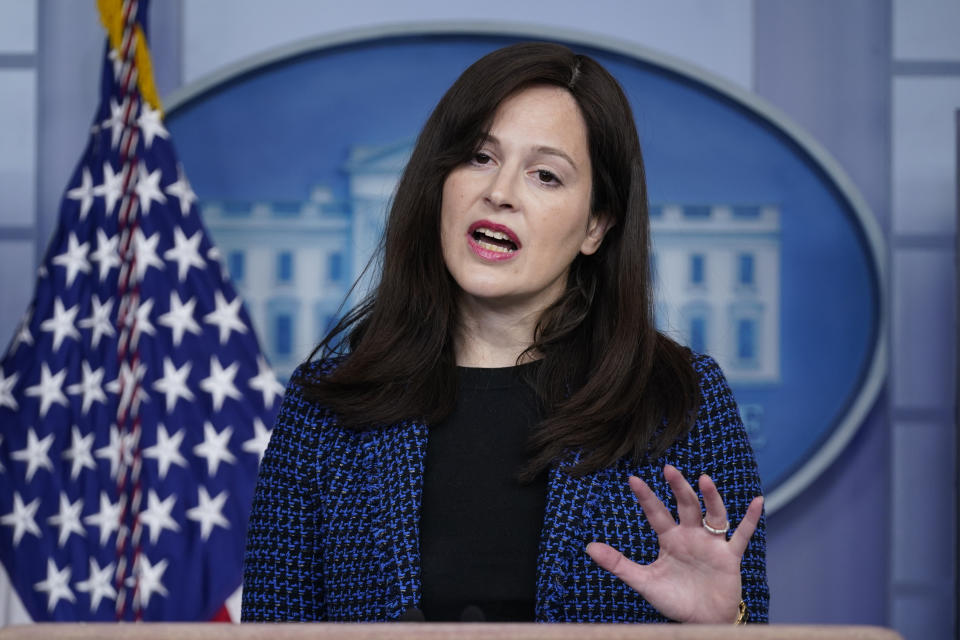 White House deputy national security adviser Anne Neuberger speaks during a press briefing, Wednesday, Feb. 17, 2021, in Washington. (AP Photo/Evan Vucci)