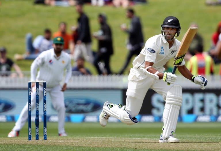 New Zealand's Jeet Raval looks for a run during day two of the second cricket Test match between New Zealand and Pakistan at Seddon Park in Hamilton on November 26, 2016