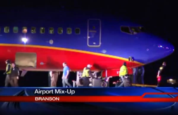 This frame grab provided by KSPR-TV shows a Southwest Airlines flight that was scheduled to arrive Sunday Jan. 12, 2014, at Branson Airport in southwest Missouri instead landed at an airport 7 miles north ? with a runway about half the size of the intended destination. (AP Photo/KSPR-TV)