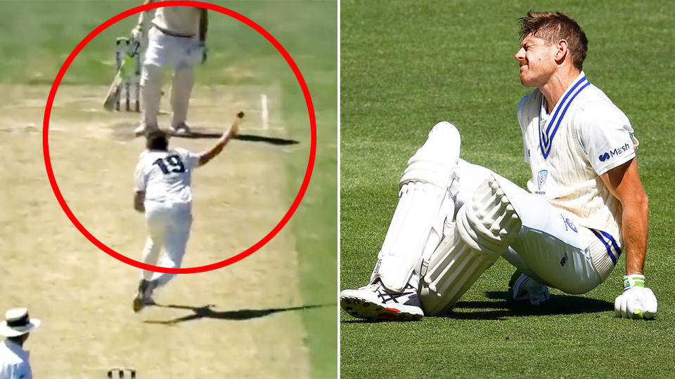 Pictured right, NSW batsman Daniel Hughes is in pain after being hit on the foot by a cricket ball.