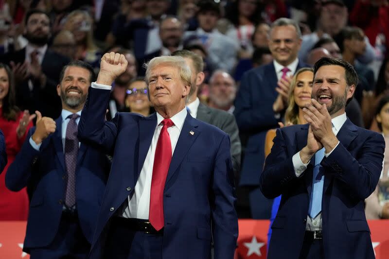 Republican presidential candidate former President Donald Trump appears with vice presidential candidate JD Vance, R-Ohio, during the Republican National Convention Monday, July 15, 2024, in Milwaukee. | Paul Sancya