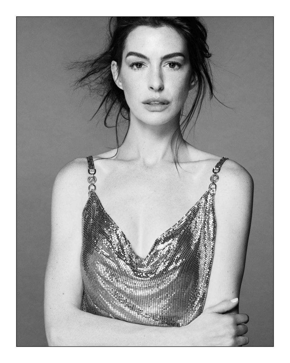 Anne Hathaway, Versace Icons, portrait, celebrity style, monochromatic, Donnatella, Versace campaign, fashion photography