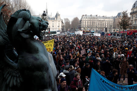 Students and high school students attend a demonstration to protest against the French government's reform plan, in Paris, December 11, 2018. REUTERS/Benoit Tessier