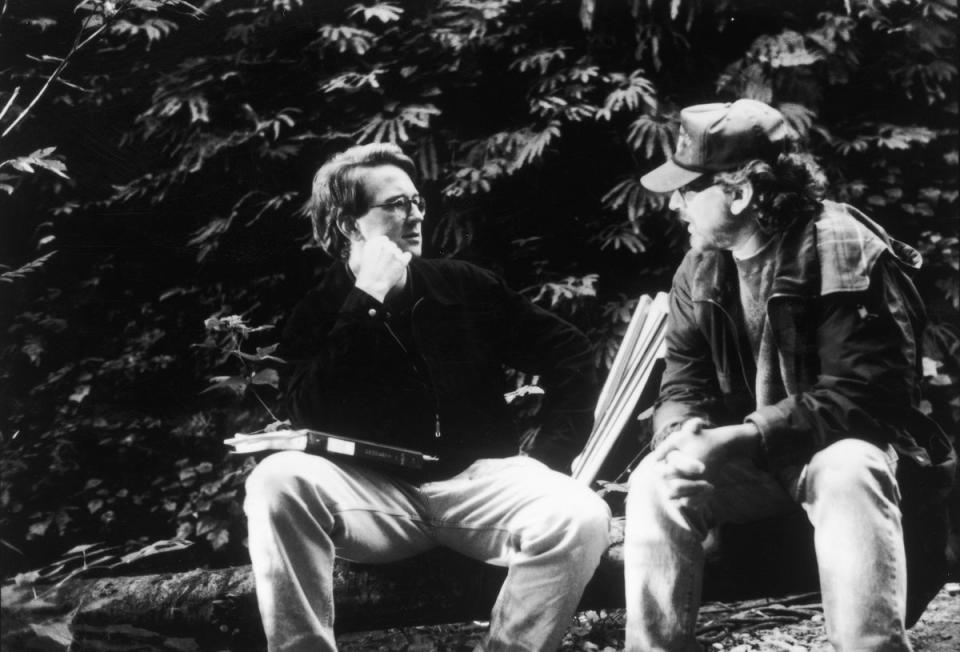 Steven Spielberg speaks with assistant director David Koepp (left) on the set of Spielberg’s film, ‘The Lost World: Jurassic Park,’ 1997. (Getty Images)