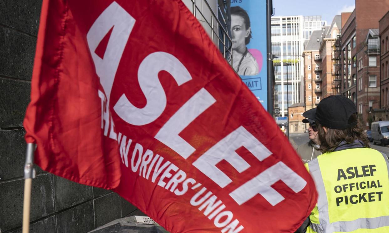 <span>An Aslef picket at Leeds station.</span><span>Photograph: Danny Lawson/PA</span>