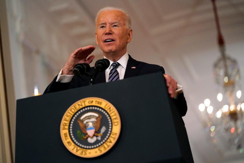 President Joe Biden speaks about the COVID-19 pandemic during a prime-time address from the East Room of the White House, Thursday, March 11, 2021, in Washington.