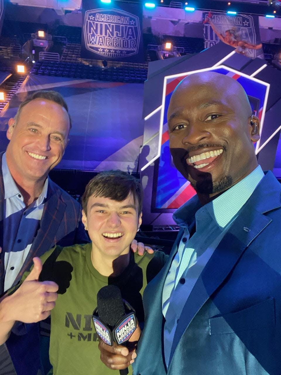 Drew Nester (center) of Sioux Falls takes a selfie with Matt Iseman (left) and Akbar Gbaja-Biamila, the hosts of "American Ninja Warrior." The next episode of the season will air Monday, June 20 at 7 p.m.