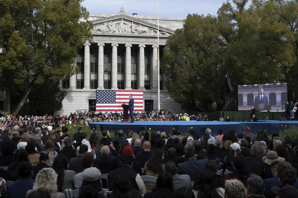 CORRECTS SPELLING OF SURNAME TO NEWSOM - Governor Gavin Newsom speaks at his inauguration in the Plaza de California in Sacramento, Calif., Friday, Jan. 6, 2023. (AP Photo/José Luis Villegas)