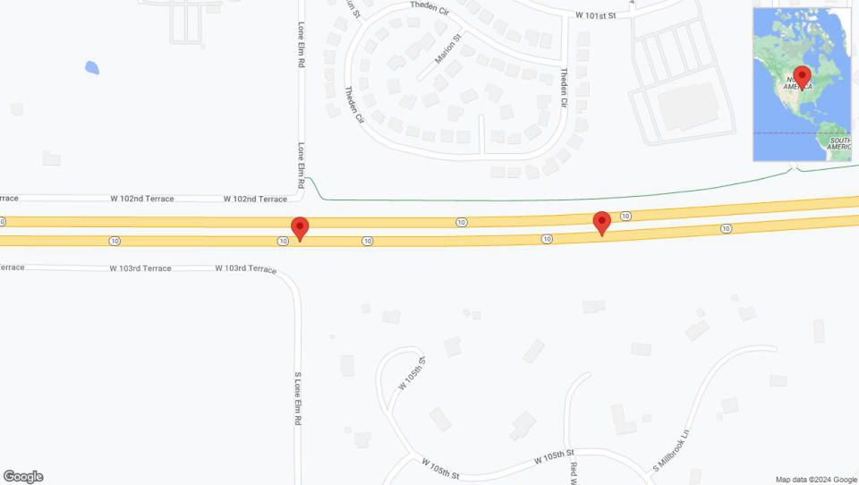 A detailed map that shows the affected road due to 'Broken down vehicle on eastbound K-10 in Olathe' on April 19th at 9:30 p.m.