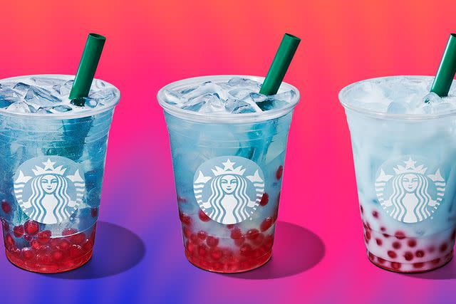 <p>Starbucks</p> Starbucks drinks with raspberry-flavored pearls