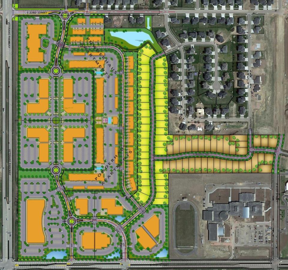 Along Veterans Parkway, the land between East 33rd Street to East 41st Street is set to build dozens of acres of land into single family homes (shown here in green) and office or retail space to the north and south.