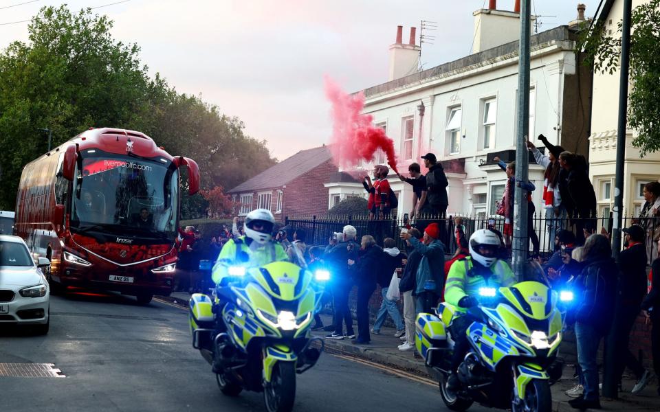 The Liverpool team bus approaching Anfield