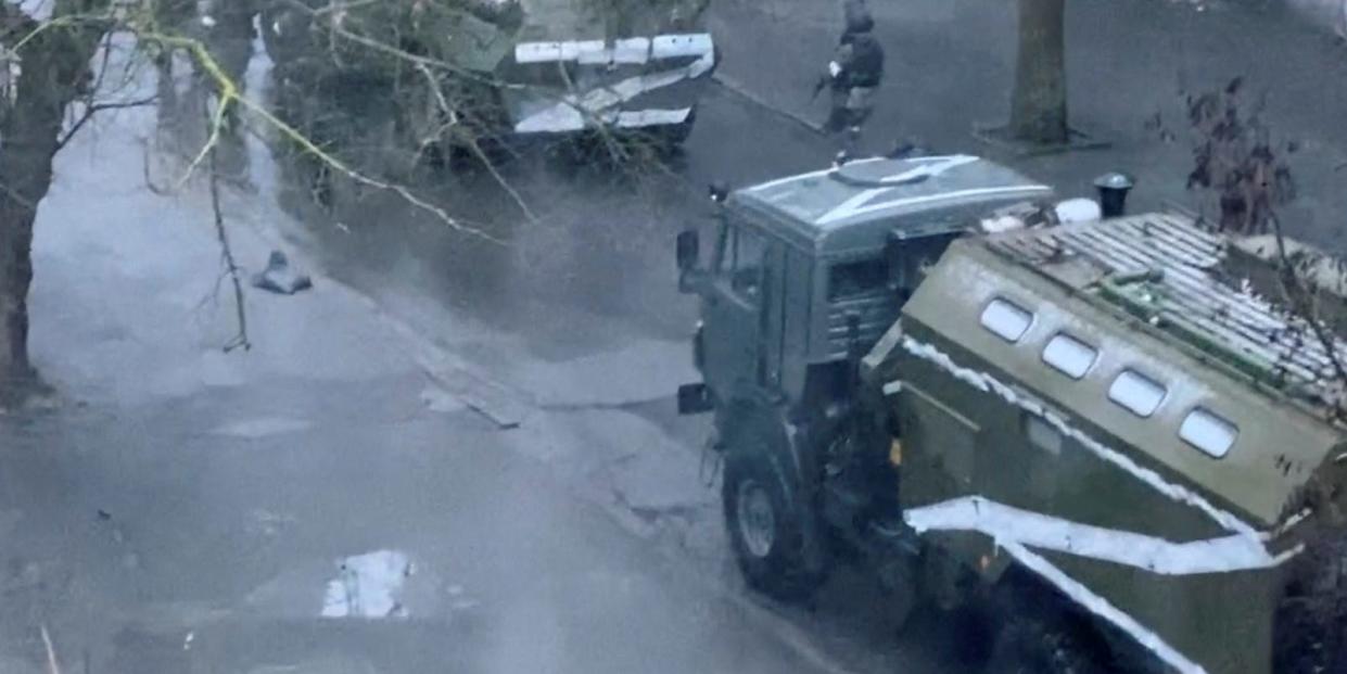 Russian military vehicles with "Z" markings are seen on the street in Kherson, amid Russia's invasion of Ukraine March 1, 2022,