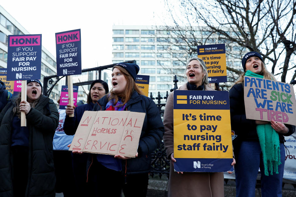 Nurses protest during a strike by NHS medical workers, amid a dispute with the government over pay, outside St Thomas' Hospital, in London, Britain, February 6, 2023. REUTERS/Peter Nicholls