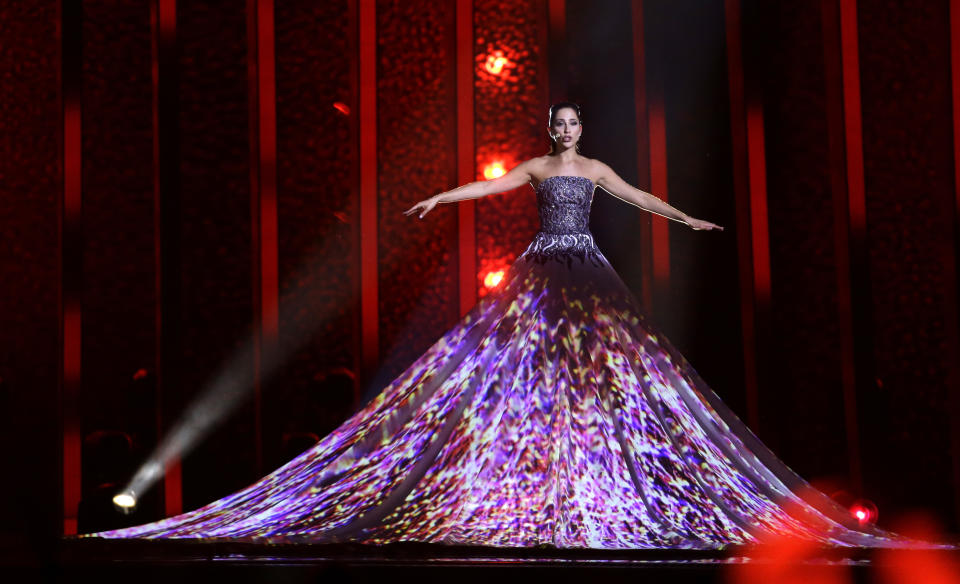 File - Elina Nechayeva from Estonia performs the song 'La Forza' in Lisbon, Portugal, May 8, 2018 during the first semi-final for the Eurovision Song Contest. Since 1956, the Eurovision Song Contest has provided catchy tunes, cheesy pop and bombastic anthems - but also some eye-catching fashion. (AP Photo/Armando Franca, File)