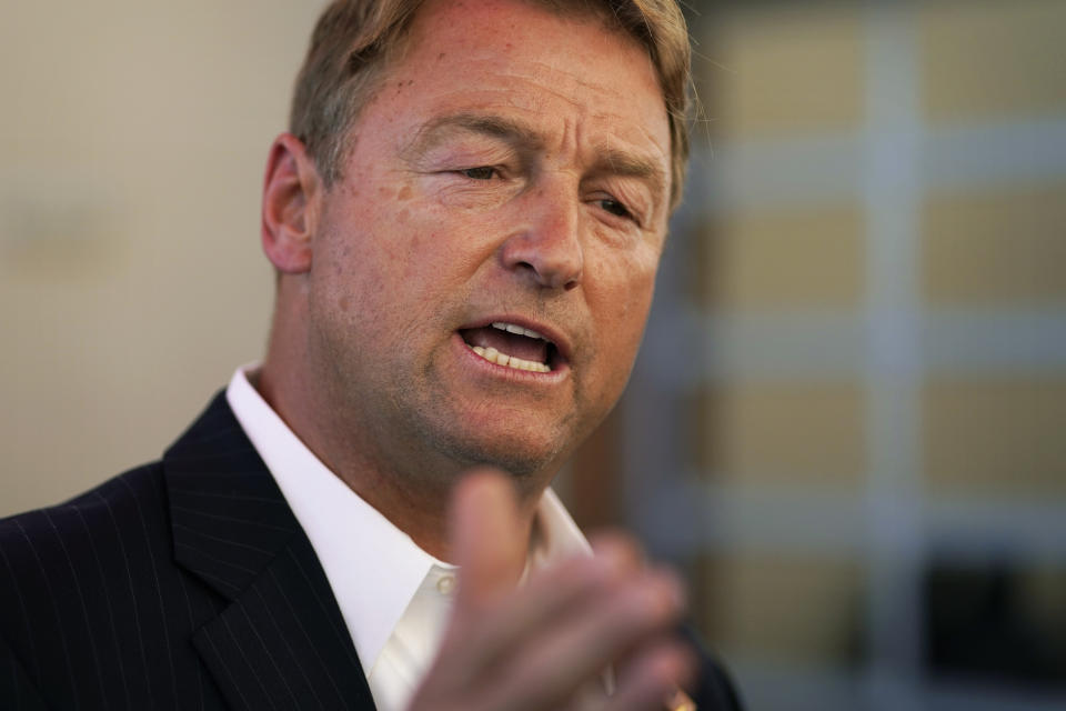 Former U.S. Sen. Dean Heller speaks with the media at an event at Share Village Las Vegas after announcing a bid for governor of Nevada, Monday, Sept. 20, 2021, in Las Vegas. (AP Photo/John Locher)